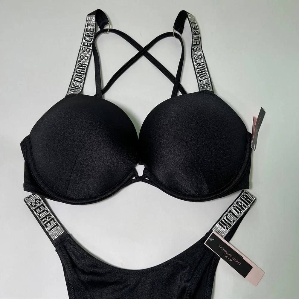 Victoria Secret 34A S Bombshell Push Up Top Bikini Set Shine Strap LOGO Black